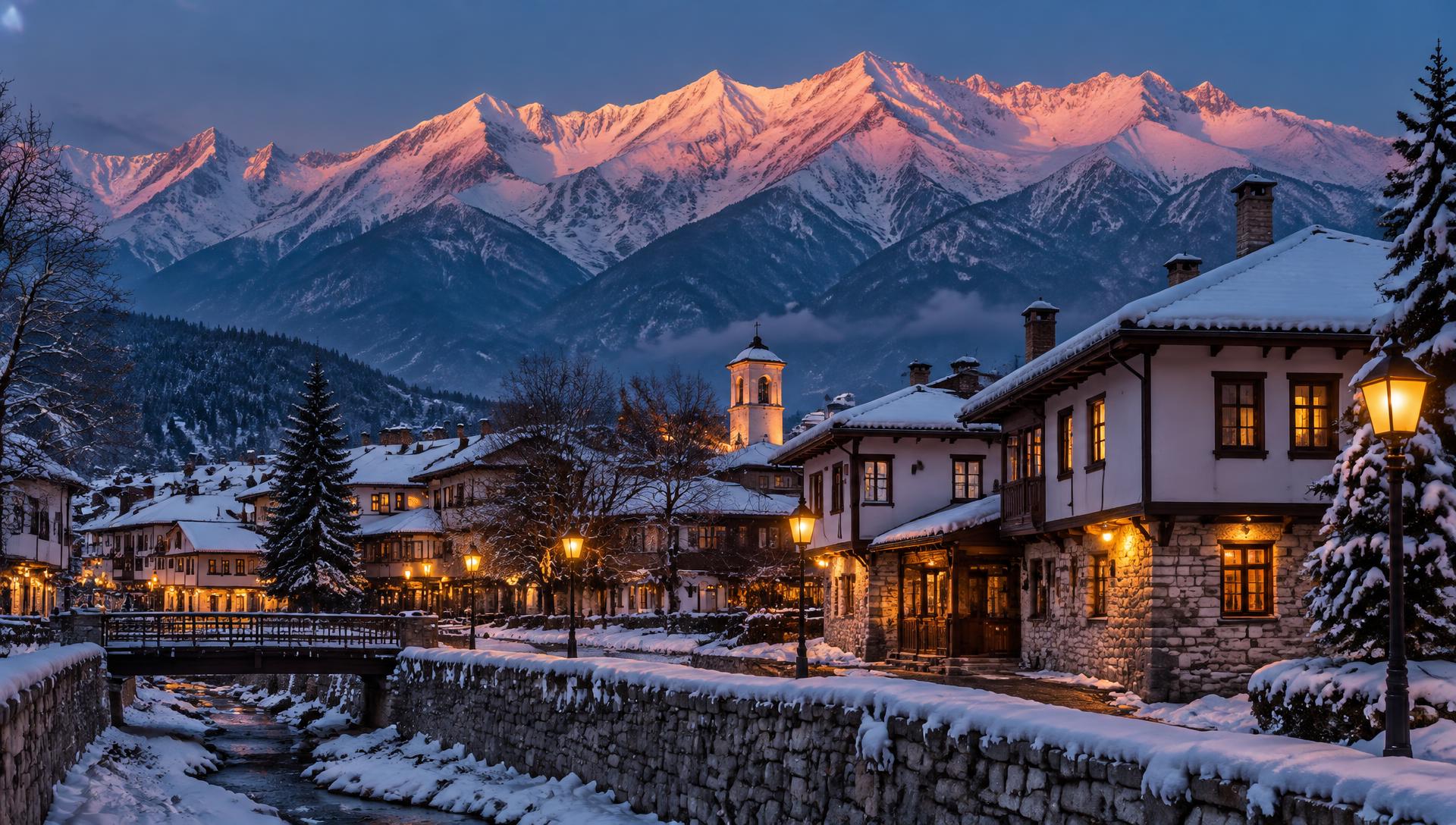 Bansko old town under the snow-capped Pirin Mountains at dusk